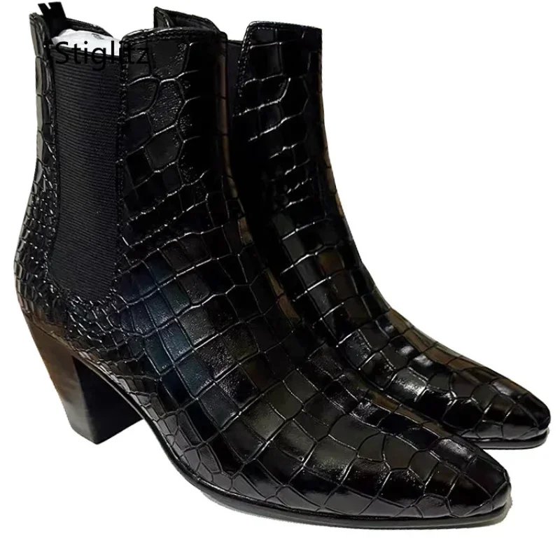 Chelsea-Stiefel für Herren, spitzer Zehenbereich, Schlangenleder, 8 cm Absätze, Slip-On-Stretch-Stiefel, britische Herrenschuhe aus echtem Leder mit hohen Absätzen
