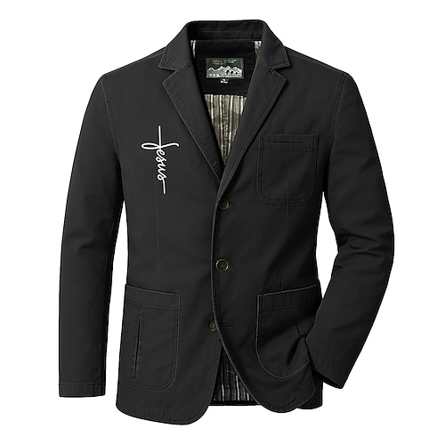 Per uomo Stampa Lettere Fede Blazer Giacca da abito in cotone Cappotto da abito Casual All'aperto Abbigliamento Quotidiano Tasche Multiple Giacca da abito con fodera a righe a tre bottoni Autunno
