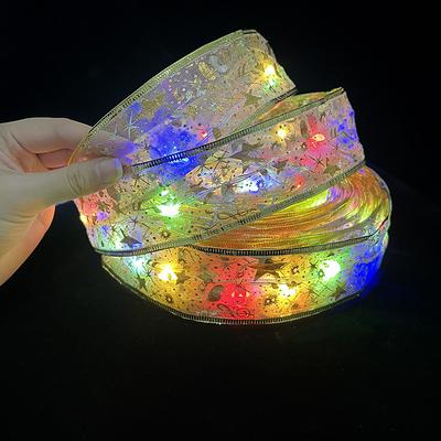 Christmas Ribbon Fairy Lights 16/33Ft 100 LED String Lights Battery Operated 2In Gold Foil Ribbon with Warm White Twinkle Firefly Lights Indoor Starry Holiday Decoration for Christmas Tree