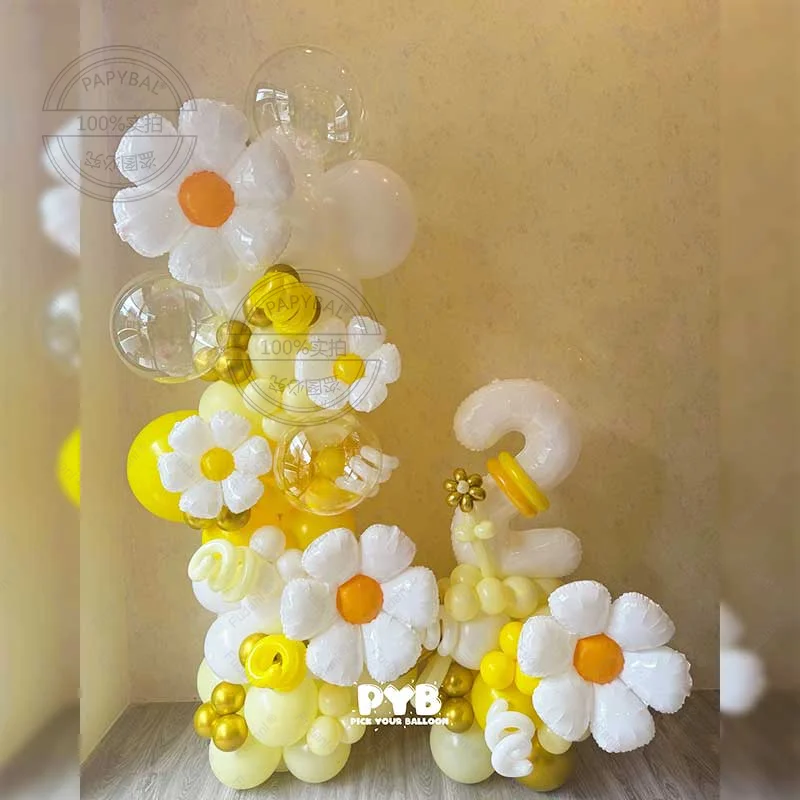 84 Stück Daisy Themd Gelber Latexballon Digitalset für 1-9. Kindergeburtstag Babyparty Braut Hochzeitsdekoration Luftballons Image