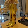 2024 Gold spitzer Kopf 9cm hoher Absatz 37cm knielange Stiefel Silber 15cm kurze Stiefel große Mode sexy Damenschuhe 34-44