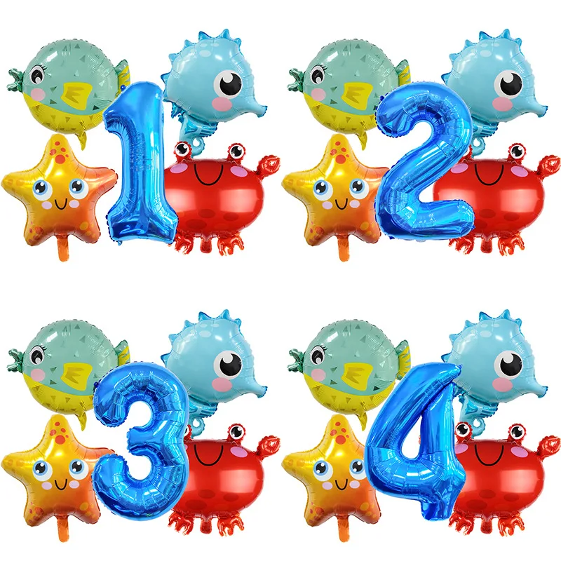 5 Stück Cartoon-Tier-Luftballons mit Ozeanmotiv, 81,3 cm, blaue Zahl, Geburtstagsballon-Set, festliche Party-Dekoration, Geburtstagszubehör Image