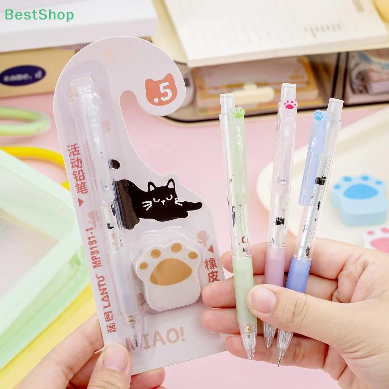    Cartoon Katze Pfote Mechanische Bleistift Radiergummi Set Automatische Bleistifte 0,5 MM Schule Liefert Für Kinder Student Schreibwaren Image