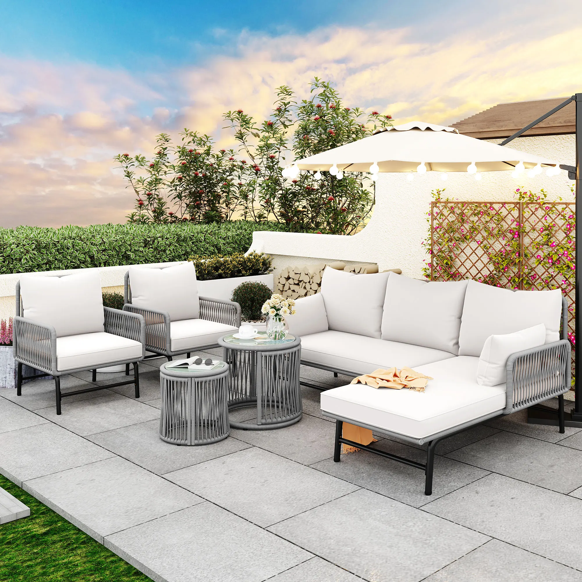 Gartenlounge-Set mit Eisenrahmen & grauem Seil, 2 Sessel, 2 Sofas, 2 Tische (alle Kissen inklusive) Image