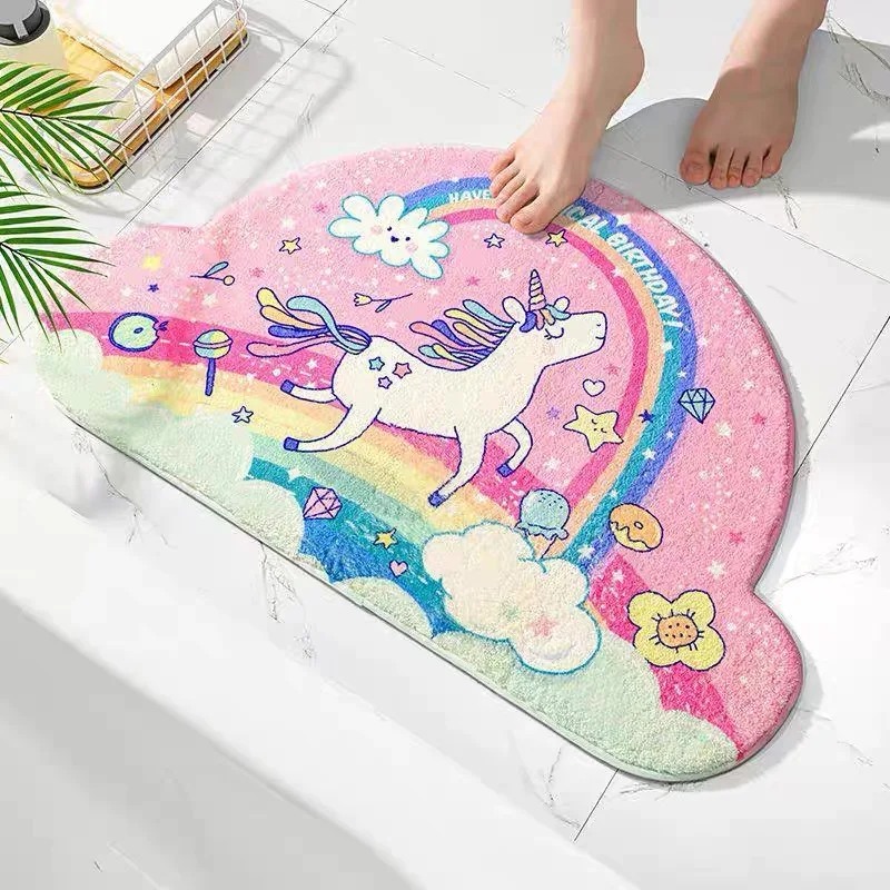 VIKAMA Niedlicher Regenbogen-Teppich, Fußmatte, Wohnzimmer, Schlafzimmer, Teppich, Nachttisch, Bodenmatte, weicher wasserdichter Teppich, Badezimmer-Bodenmatte für Zuhause Image