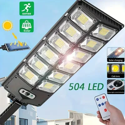 1Pc Ip65 Waterproof Solar Street Light Outdoor 6500K 100000Lm High Brightness 504 Led Solar Parking Lot Light, with Foldable Bracket Solar Flood Light (Wide Angle Motion Sensor Remote Control), for