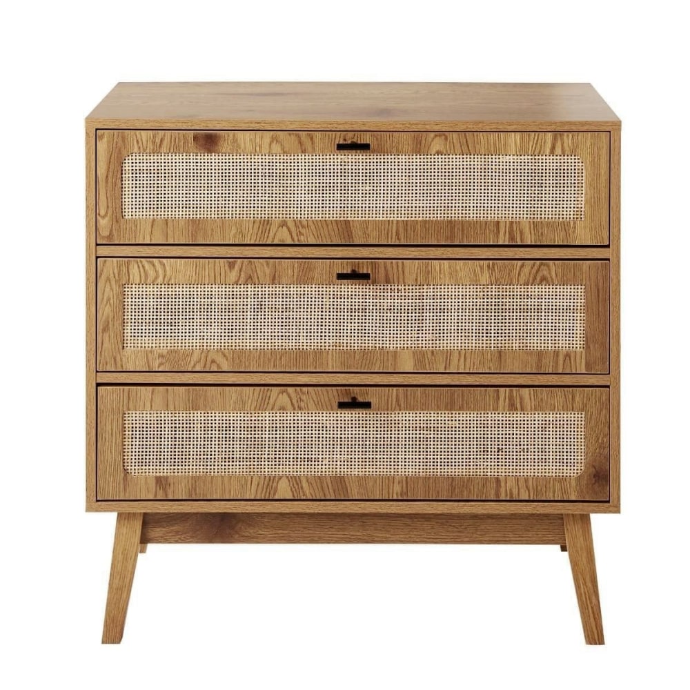 Commode 3 tiroirs avec façades en rotin et pieds en bois L80 cm