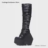 Schwarze Gürtelschnallen, Plateaustiefel, Punk-Stil, quadratische Zehen, hohe Keile, moderne Stiefel, Reißverschluss hinten, höhenvergrößernde Damenschuhe