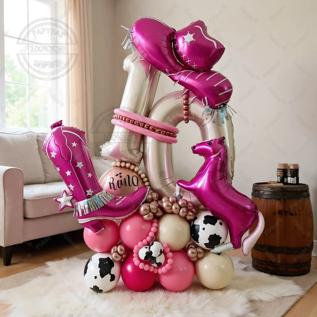 55 Stück Western Cowgirl Ballon Geburtstag Party Dekorationen Rosa Cowgirl Stiefel Pferdehut Letzte Rodeo Bachelorette Party Dekorationen Image