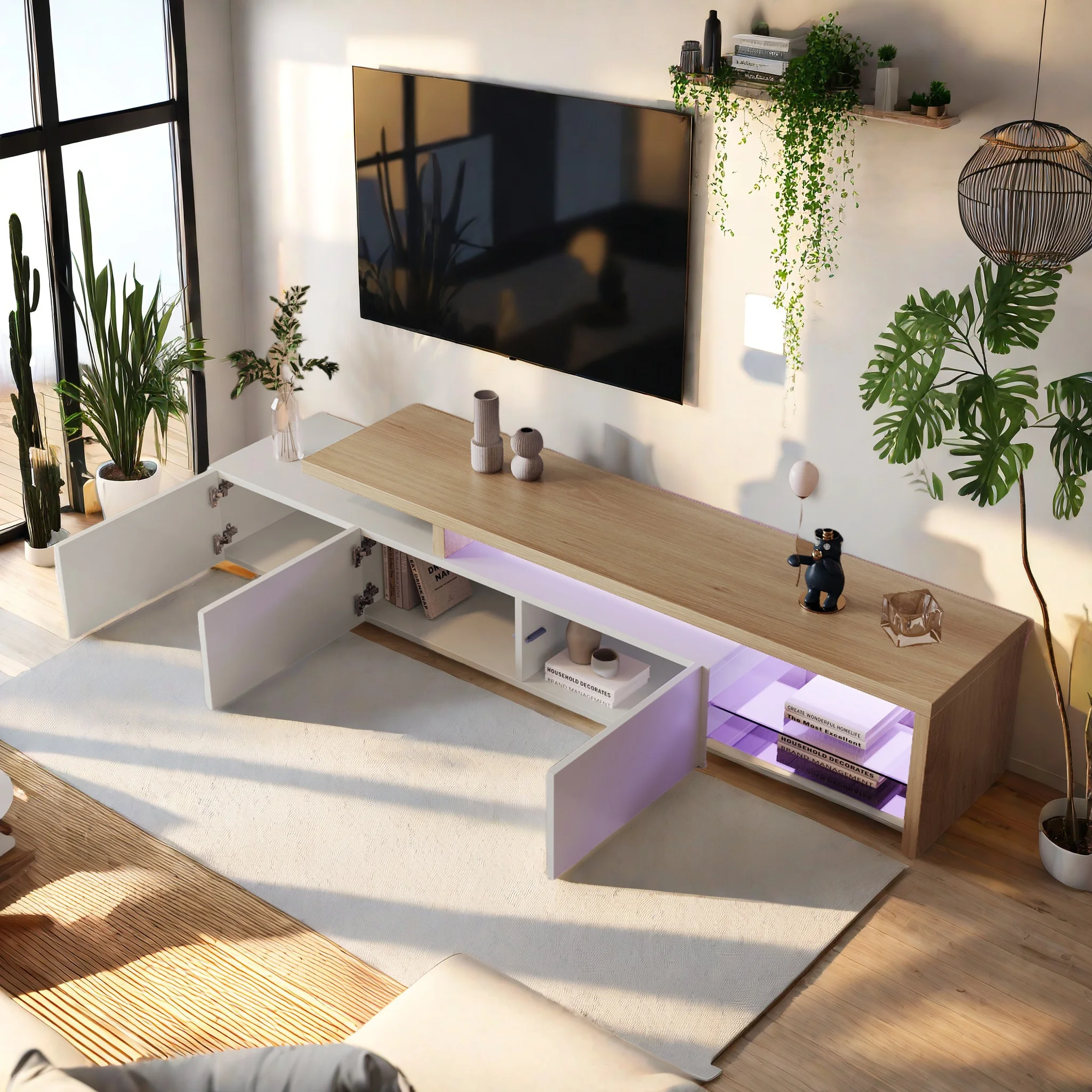 Anajqaqia 200 x 39 x 42 cm TV-Schrank mit LED-Beleuchtung, 3 Stauraum, 2 Glasböden, Lowboard, stehend, TV-Ständer, Weiß Image