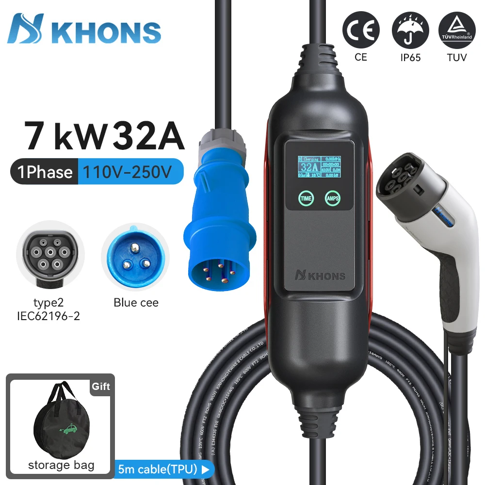 Khons 7 kW Elektrofahrzeug-Ladegerät Typ 2 32 A einphasiges tragbares Ladegerät für Elektrofahrzeuge zum Aufladen von EVSE-Ladegerät 5 m TPU-Kabel Image