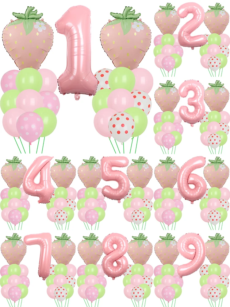 Rosa Erdbeere Geburtstag Party Dekoration Luftballons 32 Zoll rosa Zahlenballon für Baby Mädchen 1. 2. Babyparty Dekoration Zubehör Image