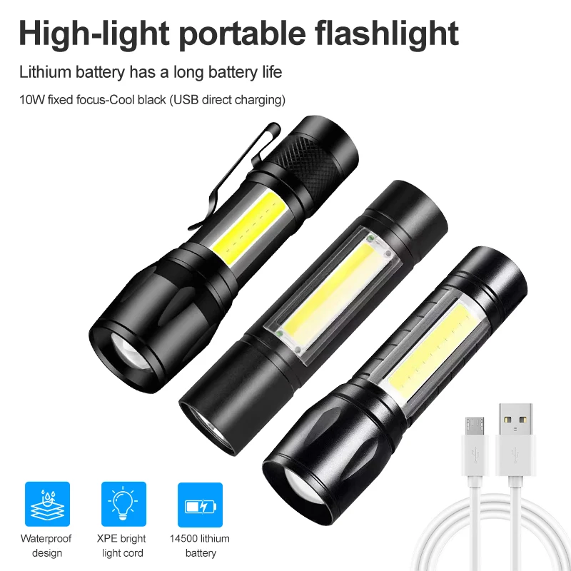 USB wiederaufladbare Mini-LED-Taschenlampe, zoombar, kleine Taschenlampe, Camping-Notfall-Taschenlampen, Licht 3-Modus, mit Seitenlicht Image