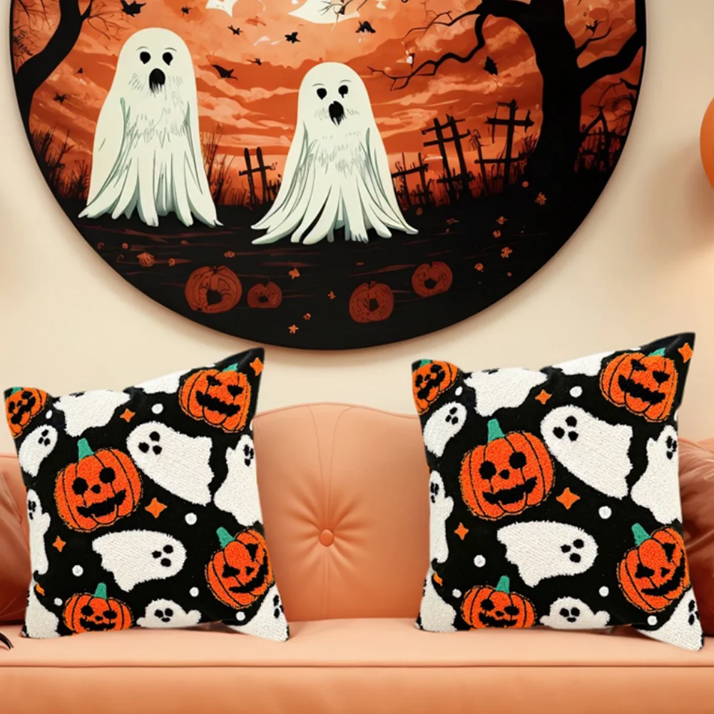 45 x 45 cm bestickter Halloween-Kissenbezug, orangefarbener Kürbis-Spinnennetz-Überwurf, Kissenbezüge, Kopfteil, Kissenbezüge, Couch, Heimdekoration Image