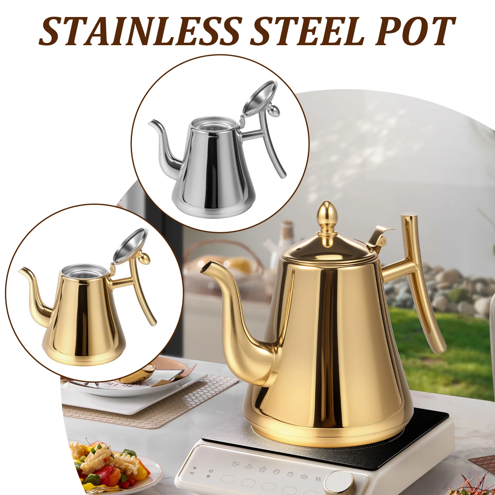2L Edelstahl Teekanne Teekessel mit großem Fassungsvermögen und abnehmbarem Sieb Induktionsherde Gasherde Wassertopf Trinkgeschirr Image