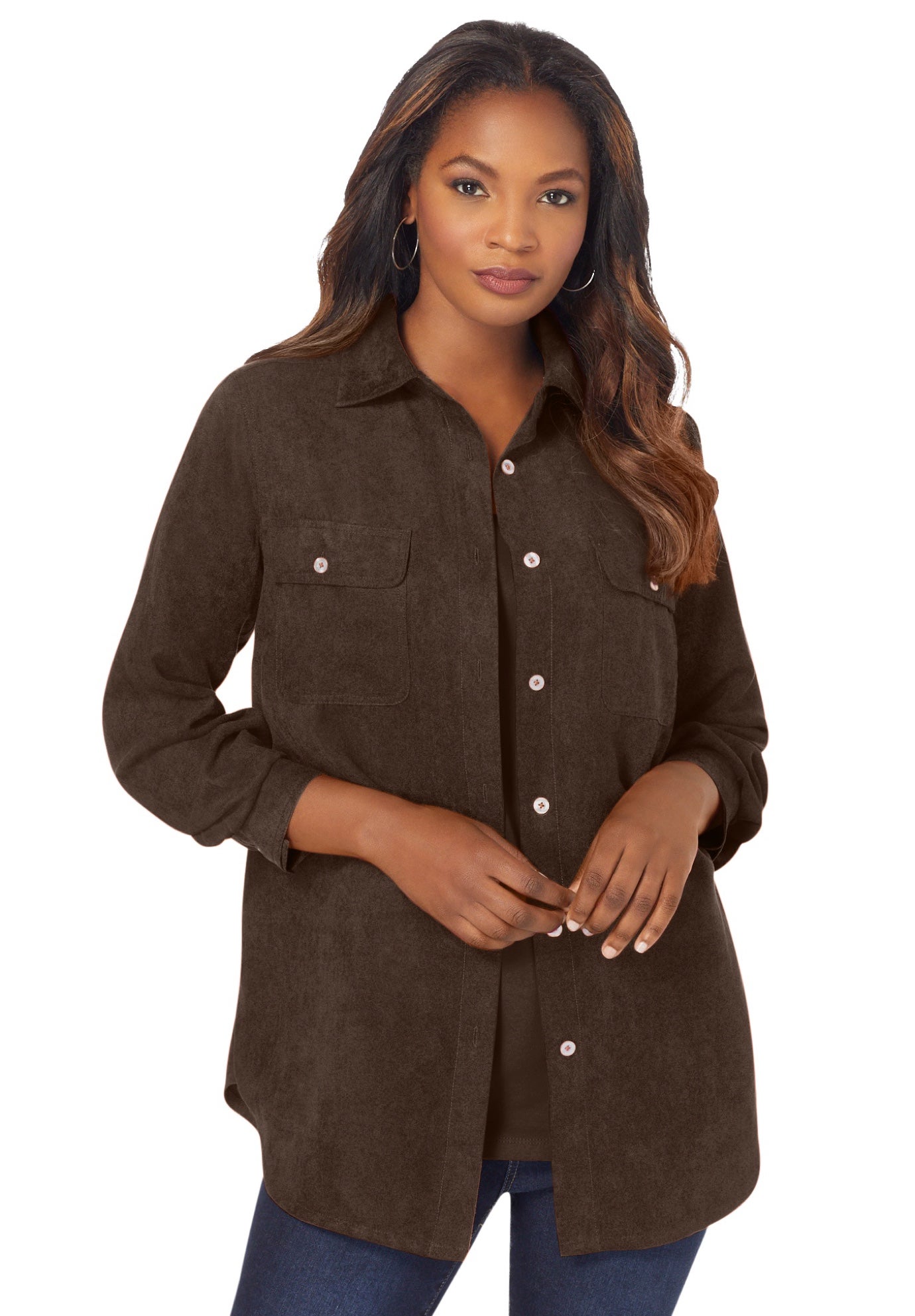 Plus Size Women's Faux Suede Button-Front Shirt by Roaman's in Chocolate (Size 44 W) Button Down