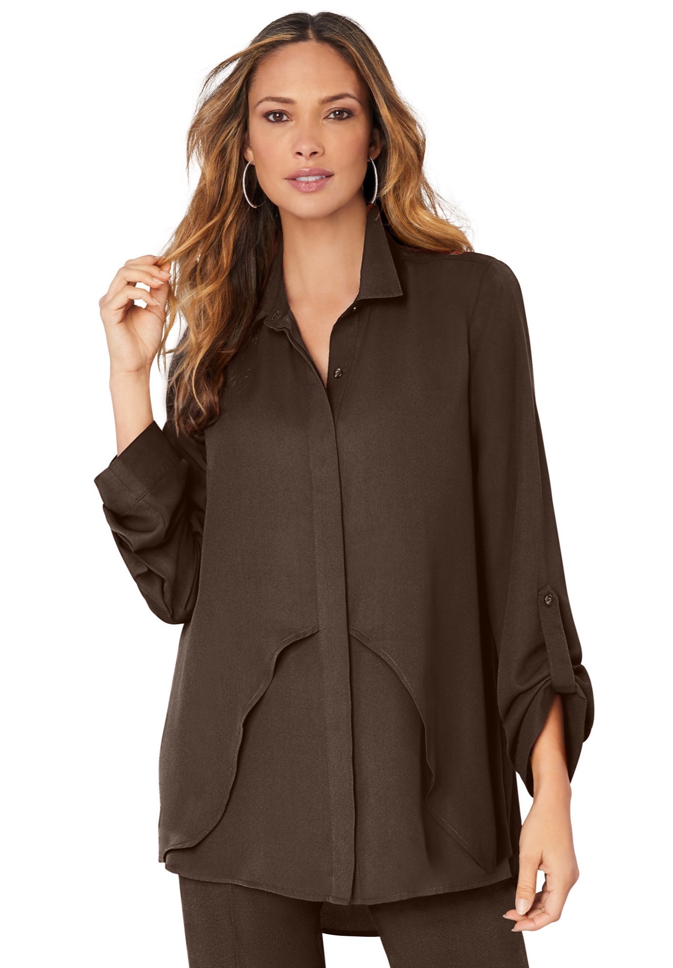 Plus Size Women's Georgette Overlay Big Shirt by Roaman's in Chocolate (Size 26 W) Long Shirt Blouse