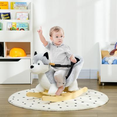 Plush Husky Dog Rocking Horse with Wooden Base and Safety Belt for Toddlers 18 to 36 Months with Animal Sounds