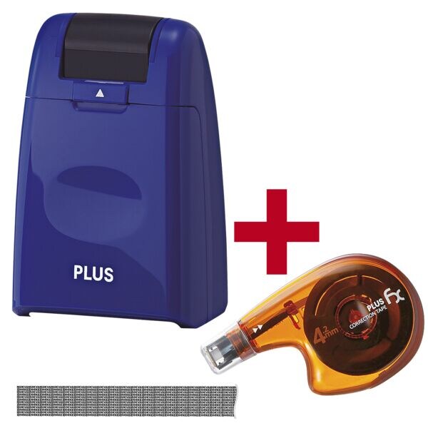 PLUS JAPAN Datenschutz-Rollstempel »Camouflage« inkl. Einweg-Korrekturroller »Sideway FX« blau Image