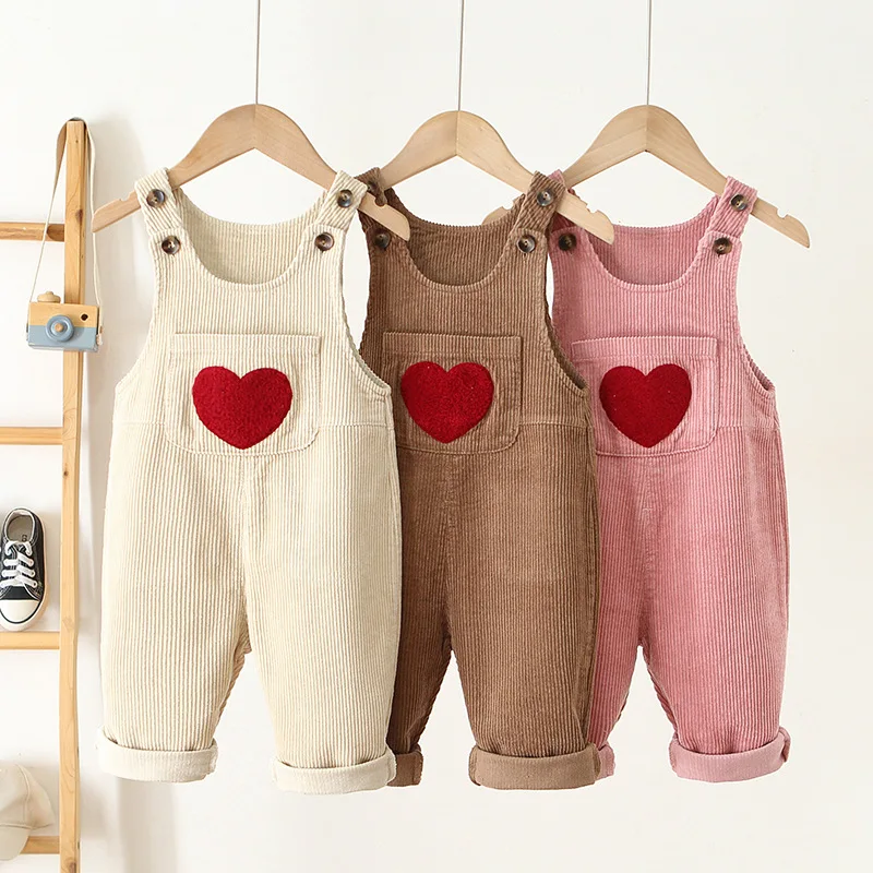 Kinder Baby Herbst Kleidung Frühling Herz Stickerei Baby Jungen Mädchen Trägerhose Solide Overalls Cord Casual Hosenträger Outwear Image