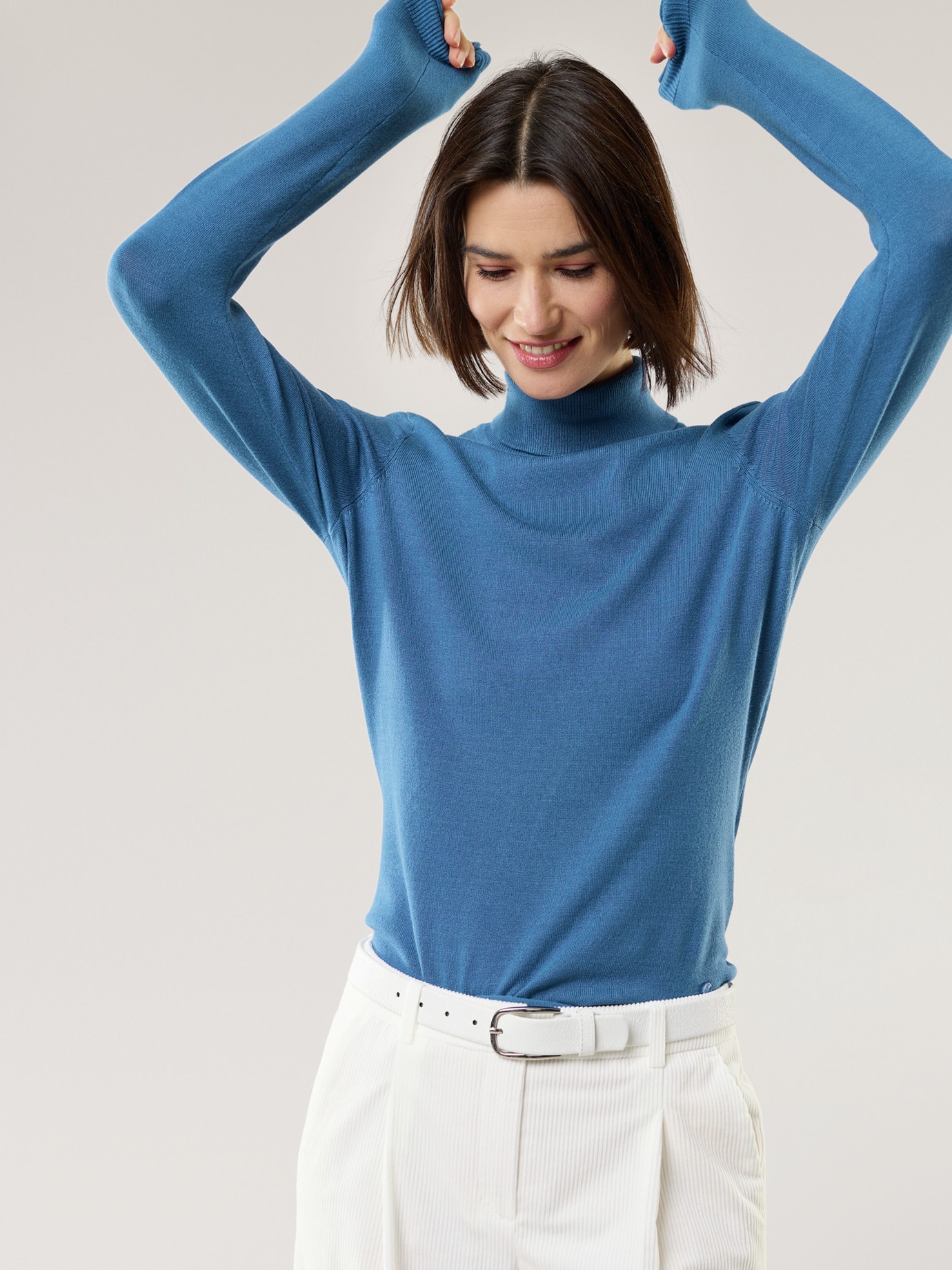 Walbusch Damen Viskose Rollkragenpullover Hautschmeichler Blau