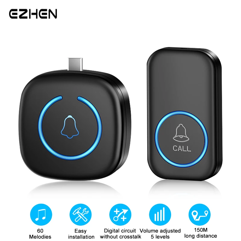 MINI Wireless Smart Türklingel Hause Willkommen Türklingel 150 M/492 FT Fernbedienung 60 Songs Typ-C Drahtlose Türklingel für Büro Fabrik Shop Image