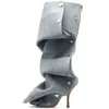 Frauen Kniehohe Stiefel Spitz High Heels Metall Nieten Cowboy Patchwork Weibliche Lange Stiefel Freizeit Party Sexy Damen Schuhe