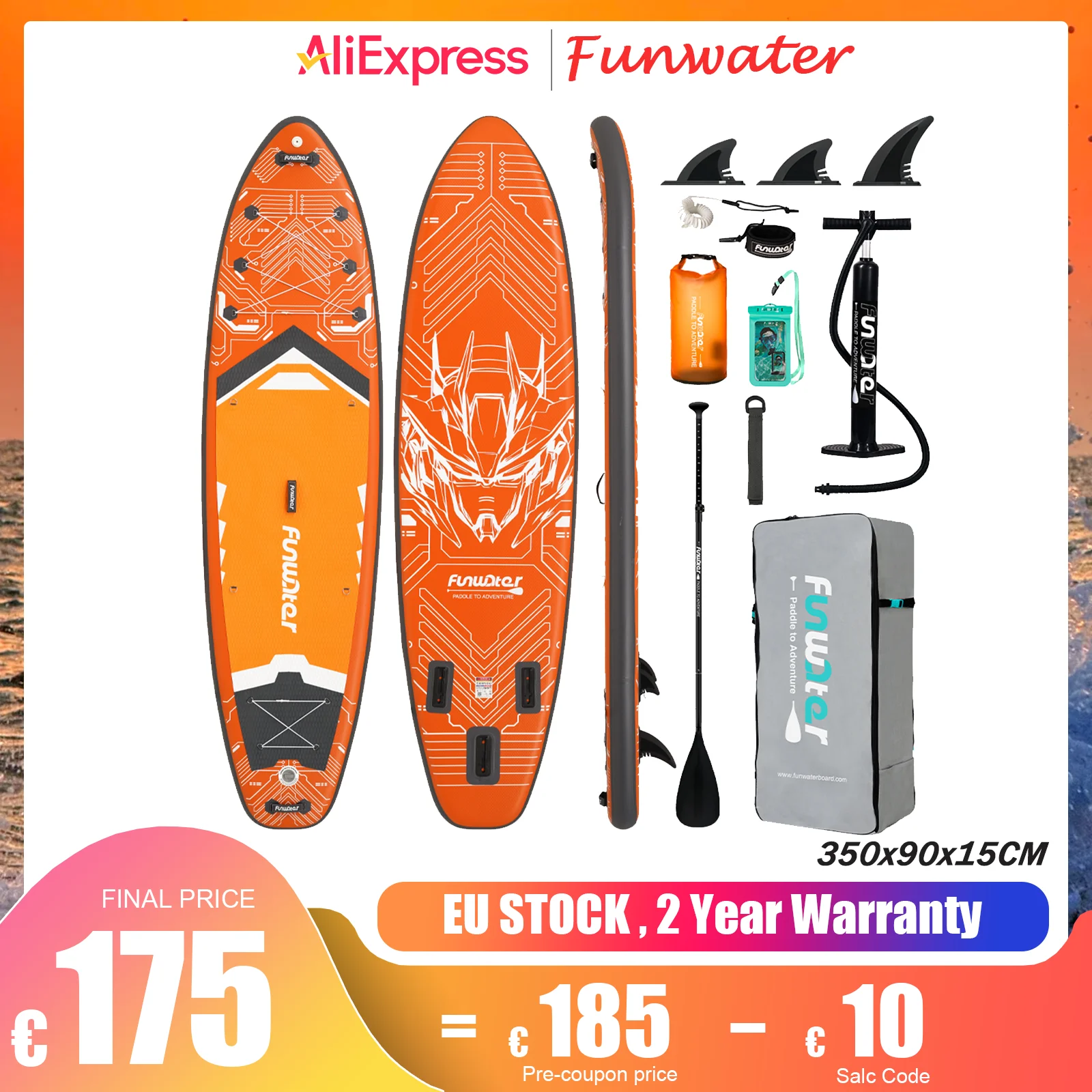FunWater aufblasbares Paddleboard, Stand-Up-Paddleboard, 350 x 90 x 15 cm, Wassersport, komplettes aufblasbares Paddleboard-Zubehör Image