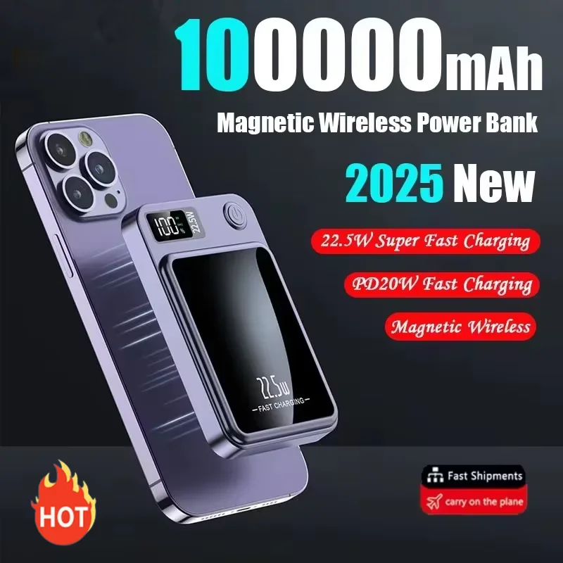 100000 Adattatore PowerBank per batteria esterna portatile a ricarica rapida con batteria magnetica wireless da 22,5 W mAh per iPhone Huawei Samsung