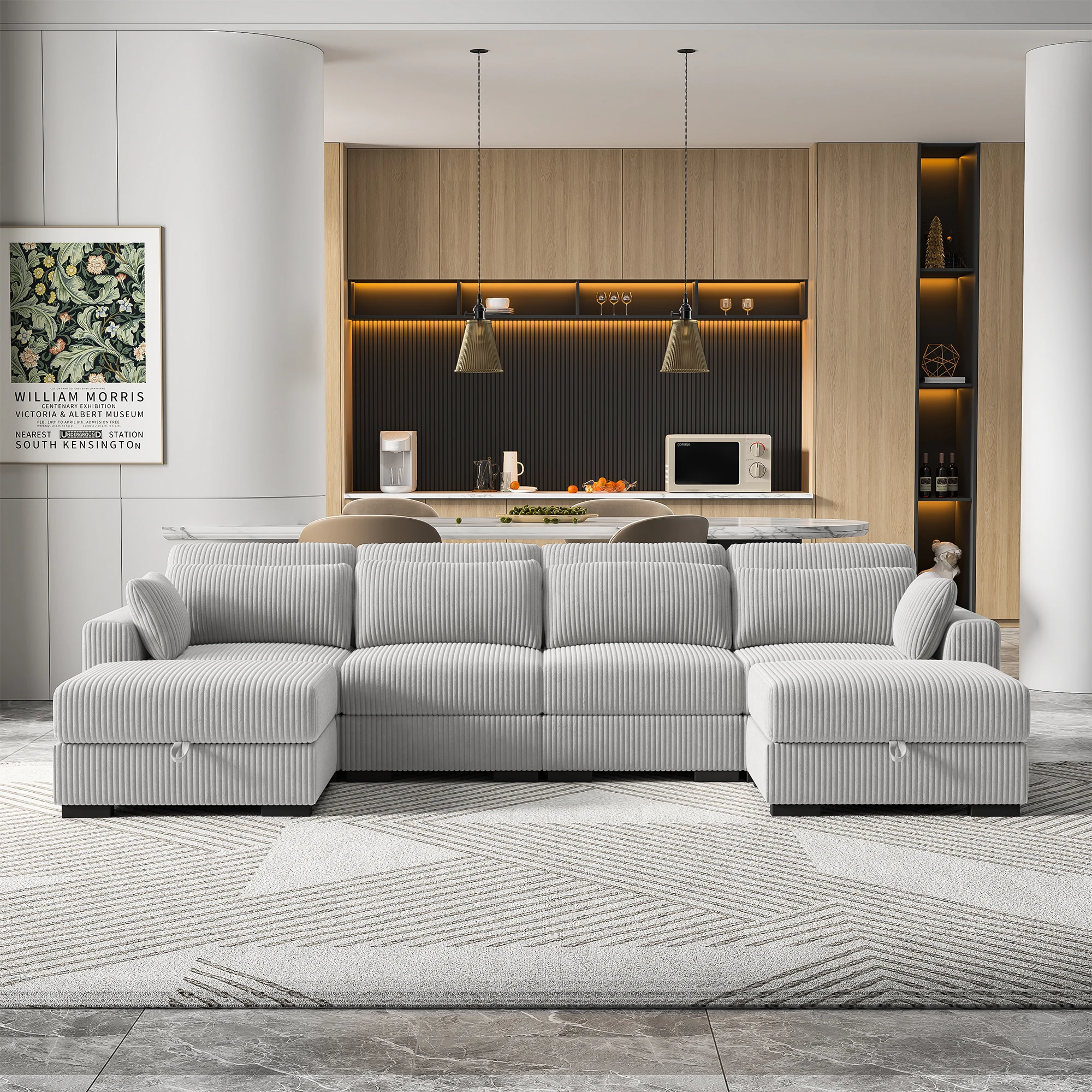 Anajqaqia Modulares Sofa, Wohnzimmersofas, Samtsofa mit breiten Armlehnen, Fußhocker, verschiedene Kombinationen, Samt, Grau