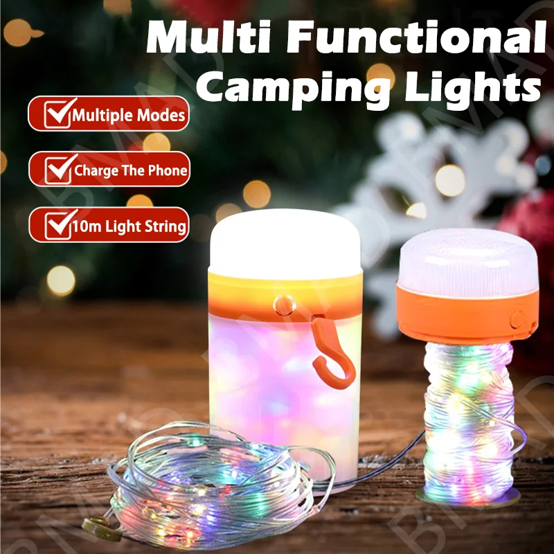 LED-Campinglampe, 10 m, Rollenschnur, für den Außenbereich, recycelbares Nachtlicht, tragbare Taschenlampe mit Magnethaken, wiederaufladbar über LED