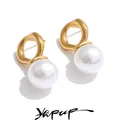 Yhpup Orecchini a bottone geometrici con perle simulate in acciaio inossidabile di eleganza coreana per le donne Gioielli da indossare ogni giorno chic in stile coreano
