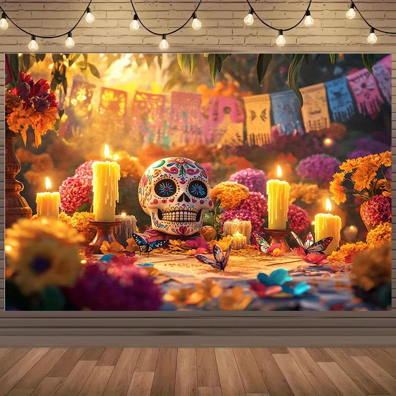 1 Stück 2D-Hintergrundtuch „Bunte Tag der Toten“-Thema-Hintergrundtuch, Zuckerschädel und Blumenkerzenlicht. Image