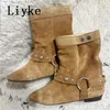 Liyke Mode Metall Gürtel Schnalle Frauen Stiefeletten Casual Gemütliche Spitz Flache Heels Western Schuhe Herbst Winter Booties Braun