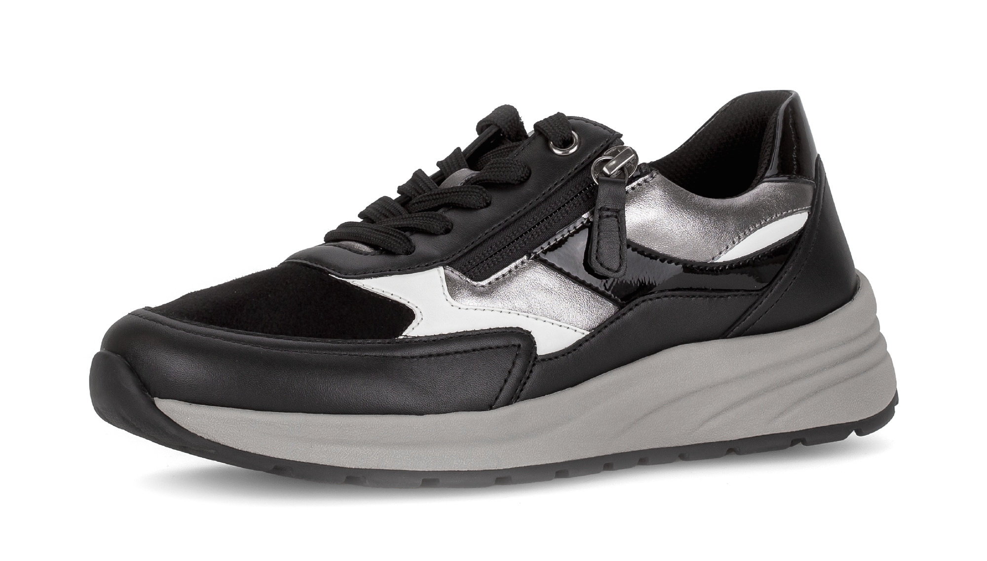 Keilsneaker GABOR "COMO", Damen, Gr. 37, silber (schwarz, weiß, silberfarben), Kalbsleder, Textil, unifarben mit Farbeinsätzen, Schuhe, Plateau, Schnürschuh, Halbschuh, in Extraweite K