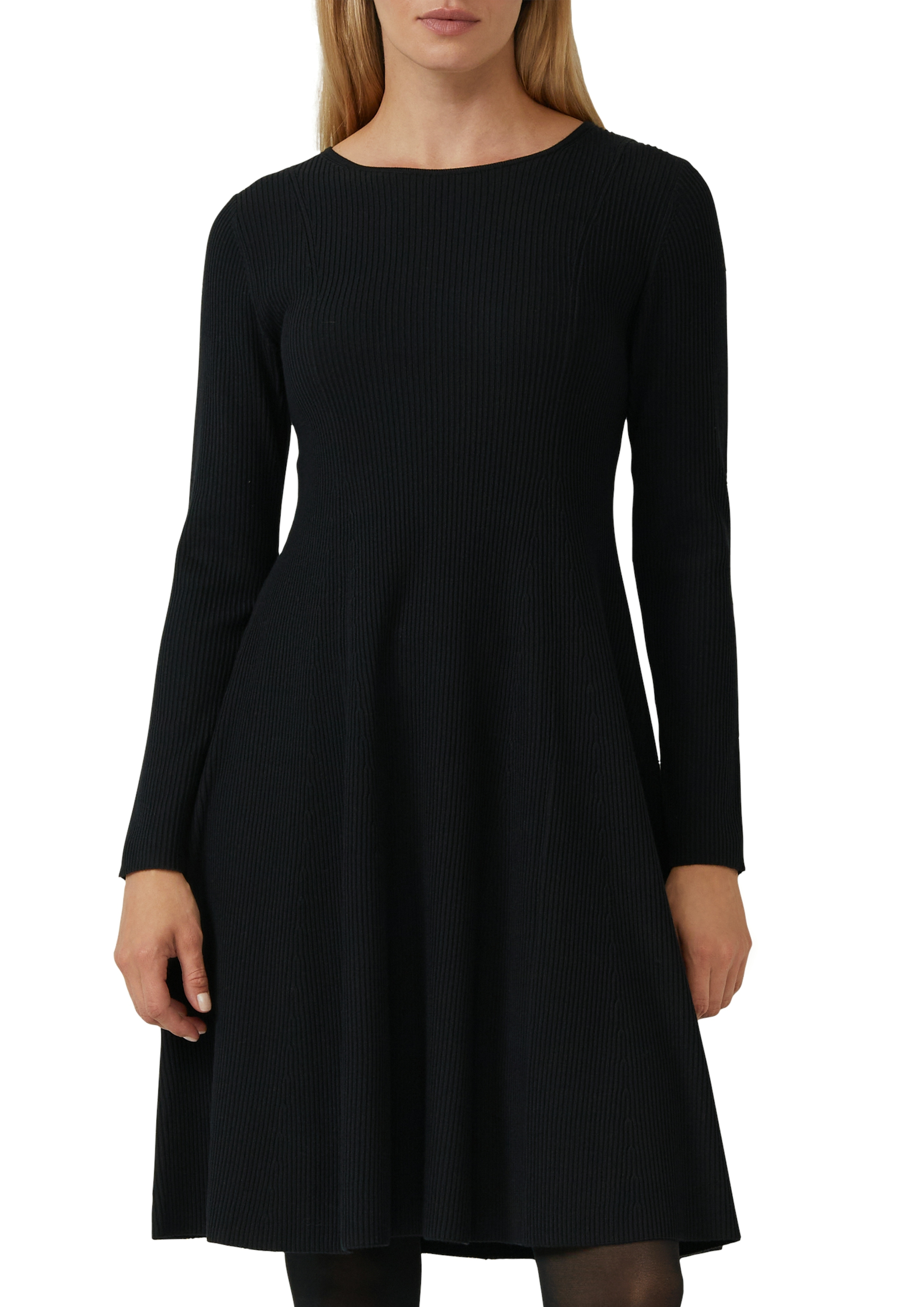 Strickkleid S.OLIVER BLACK LABEL, Damen, Gr. 36, N-Gr, schwarz (grau, schwarz), Feinstrick, Obermaterial: 71% Viskose, 29% Polyester, Strukturmuster, unifarben, regular fit, Rundhals, gerader Abschluss, Kleider Strickkleid, mit Ajour-Detail, Topseller