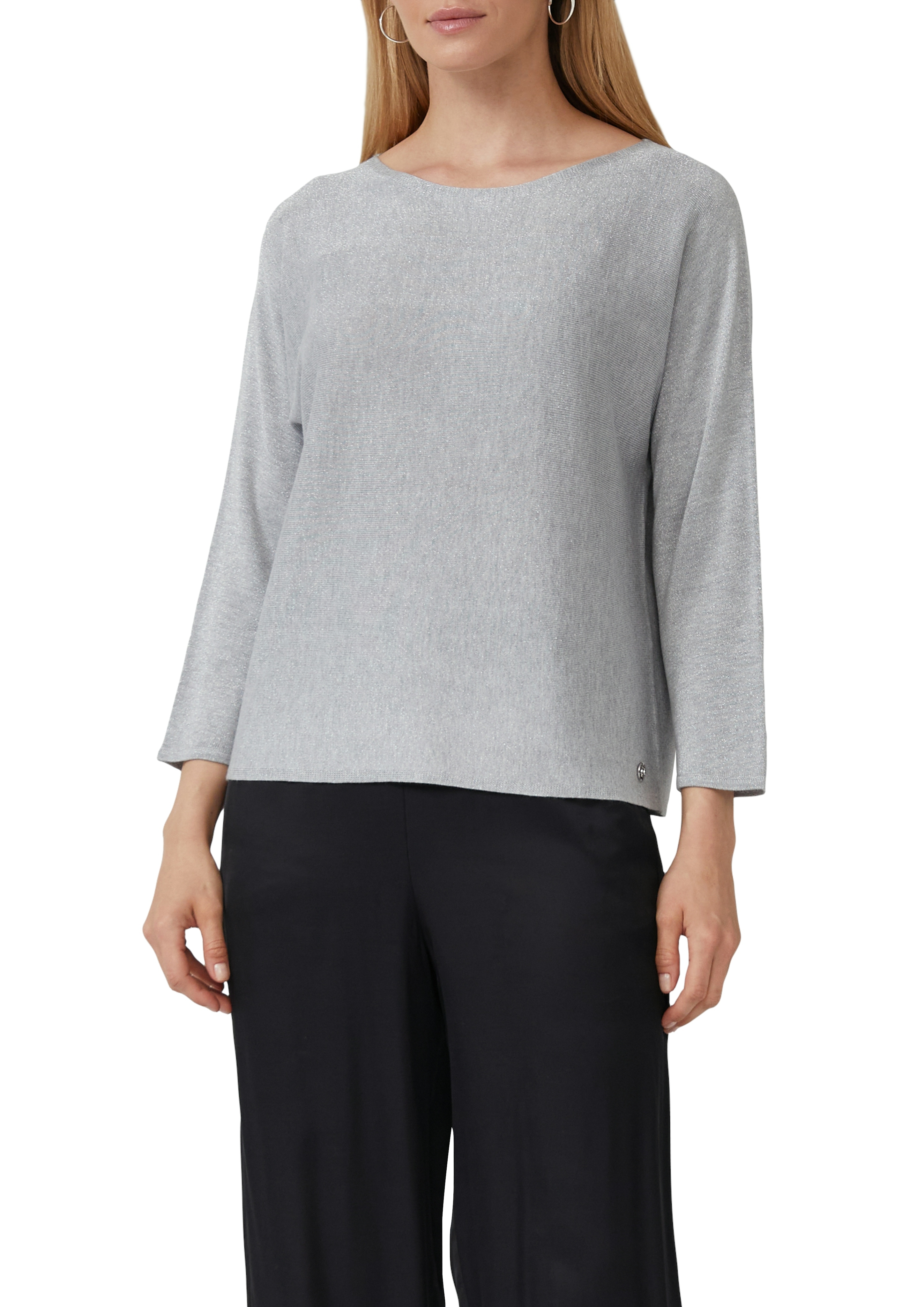 Strickpullover S.OLIVER BLACK LABEL, Damen, Gr. 44, grau, Strick, Obermaterial: 90% Viskose, 10% metallisierte Fasern, unifarben, Casual, regular fit taillenbedeckt, U-Boot-Ausschnitt, Fledermausärmel, Pullover, mit Glitzergarn