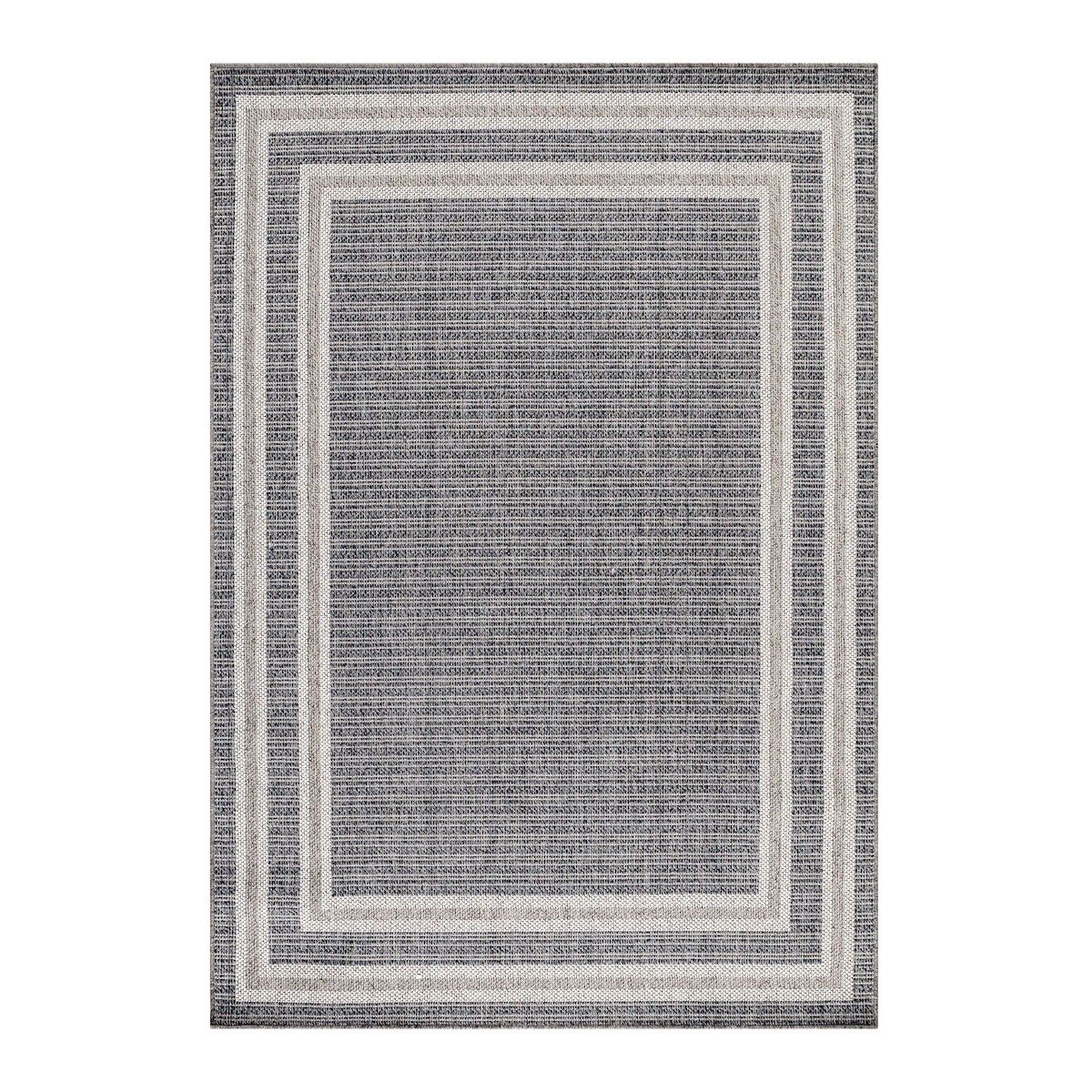 Carpetsale24 In- & Outdoor Teppich 200x290 cm, Wetterfest & Robust, Flachgewebe mit Bordüren-Design in Grau & Creme, für Terrasse, Balkon, Küche Image