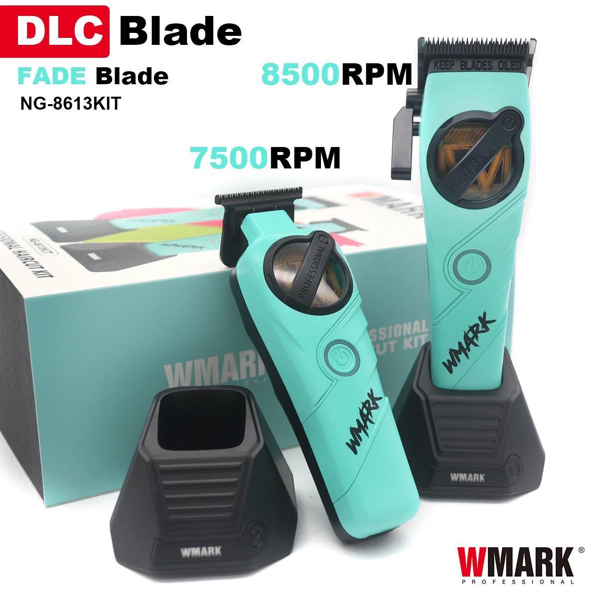 WMARK Haarschneidemaschine für Herren, professionelles Kit, DLC-Klinge, 8500 U/min, Vollmetall mit Basisladegerät, Haarschneidemaschine, Friseursalon, NG-8613 Image