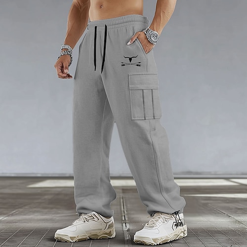 Herren Kuhmuster Cargo-Jogginghose Jogginghose Freizeithose Mittlere Taille Lässig Sportlich Wandern Trainieren Elastischer Kordelzug in der Taille Offener Boden Taktische Hose mit Taschen Frühling Image