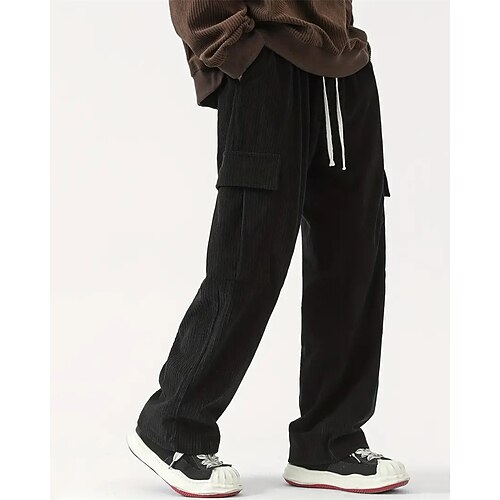 Herren Jogginghose Cordhose Hose Cargo-Jogginghose Kordelzug Tasche Elastischer Bund Einfach Komfort Sport im Freien Täglich Mode Lässig Schwarz Kamel Mikroelastisch Image