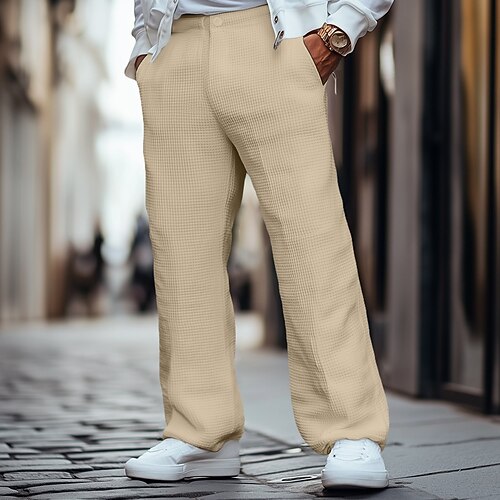 Herren Hose Anzughose Stoffhosen Baggy-Hosen Waffelhose Fronttasche Gerader Schnitt Einfach Komfort Atmungsaktiv Volle Länge Hochzeit Geschäft Täglich Mode Streetwear Schwarz Weiß Unelastisch Image
