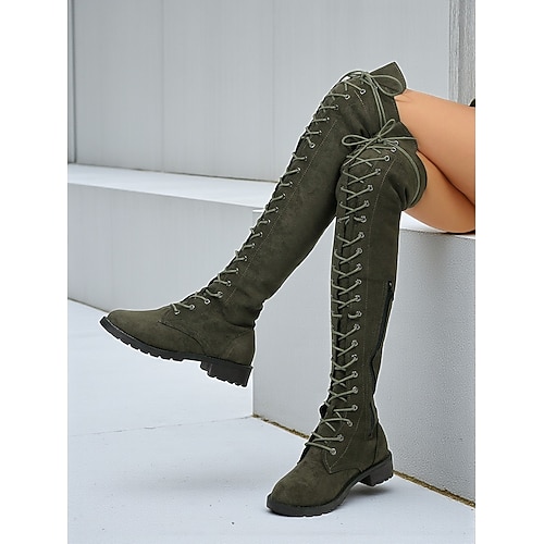 Schwarze Overknee-Schnürstiefel für Damen mit seitlichem Reißverschluss und Profilsohle – trendiges Gothic- und Winter-Casual-Schuhwerk für Partys und Streetwear Image