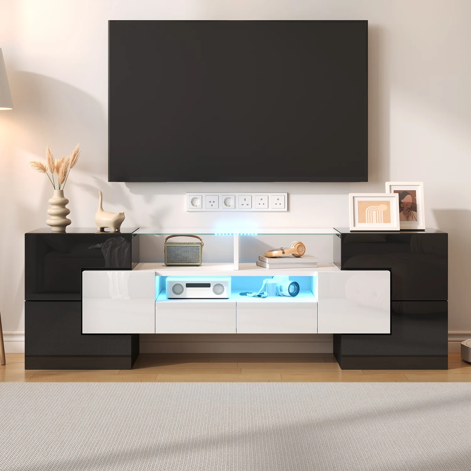 Meuble TV élégant 145x50cm, éclairage LED avec espace de rangement, surface basse haute brillance, meubles de salon, noir + blanc