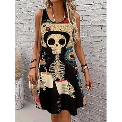 Halloween Damen Knielanges Kleid Freizeitkleid A Linie Kleid Vintage Stilvoll Lässig Heim Party Strand Normale Passform Grafik Schädel Ärmellos U-Ausschnitt Rundausschnitt Schwarz Sommer Frühling
