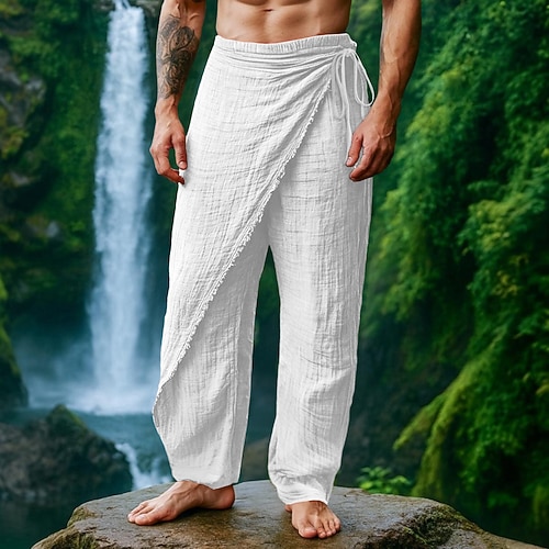 Herren Leinenhosen Hose Sommerhose Kordelzug Elastischer Bund Gerader Schnitt Einfach Komfort Atmungsaktiv Volle Länge Lässig Täglich Ferien Urlaub Mode Weiß Braun Mikroelastisch Image