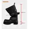 Gürtelschnalle Plattform Slouch Stiefel Runde Zehen Chunky Heels Metalldekoration Retro Punk Motorradstiefel 2025, Herbst neuer Stil Schuh