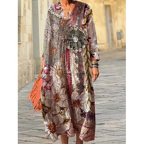 Damen Midikleid Sommerkleid A Linie Kleid Urlaub Lässig Boho Ausgehen Strand Lässiger Schnitt Grafik Geometrisch Langarm V Ausschnitt Rote Purpur Grün Frühling Herbst Winter Image