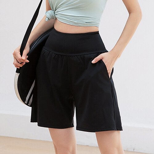 Damen Sportbekleidung fürs Training Sportshorts Kurze Sporthose Reißverschlusstasche Hohe Taille Fitnessstudio Laufen Yoga Unterteile Einfarbig Schwarz Purpur Sport Sportkleidung Lässiger Schnitt