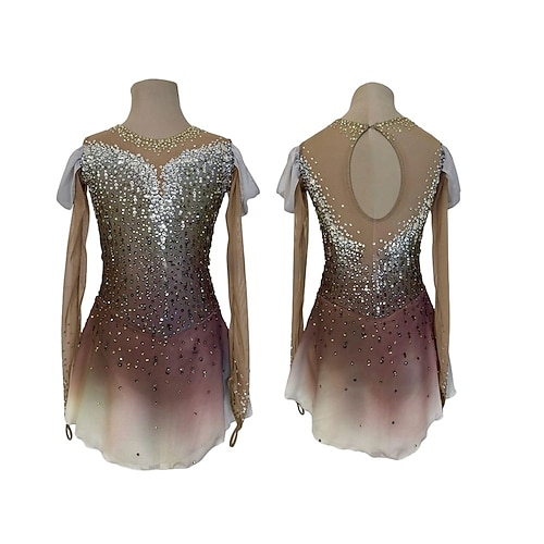 Eiskunstlaufkleid Damen Mädchen Eislaufen Kleid Braun Patchwork Daumenloch Netzstoff Spandex Hohe Elastizität Training Wettbewerb Eiskunstlaufkleidung Klassisch Kristall / Strass Langarm Eislaufen Image